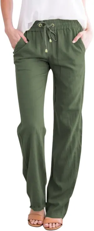 Linen Pants for Women Elastic Waist Straight Leg Pants Summer Casual Yoga Beach Pants 2025 Comfy Trousers with Pocket