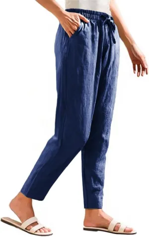 Linen Pants for Women Summer Beach Lounge Elastic Drawstring Casual Trousers with Pockets Travel Vacation