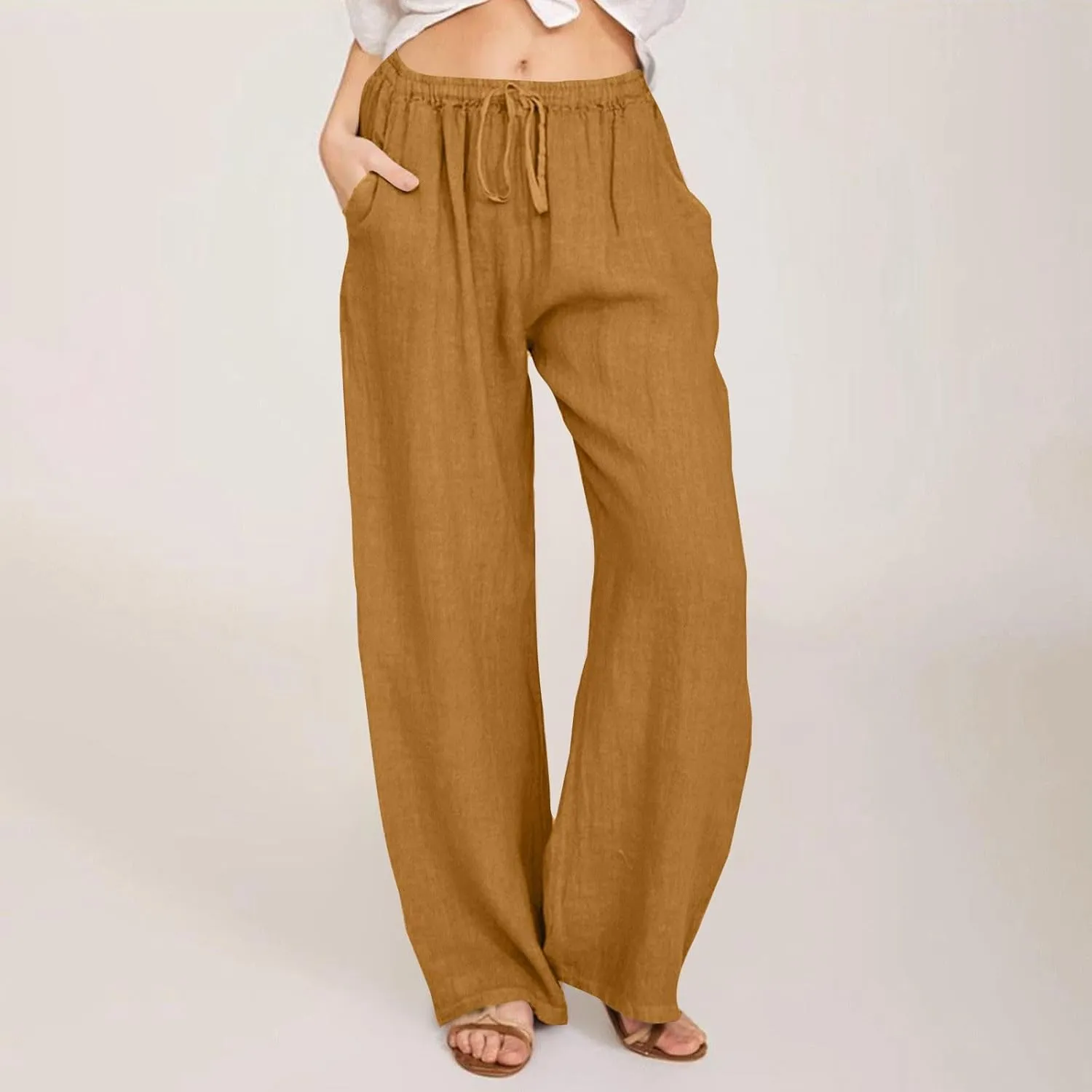 Linen Pants for Women Summer Beach Wide Leg Lounge Pant Elastic Drawstring Casual Trousers with Pockets