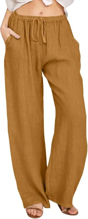 Linen Pants for Women Summer Beach Wide Leg Lounge Pant Elastic Drawstring Casual Trousers with Pockets
