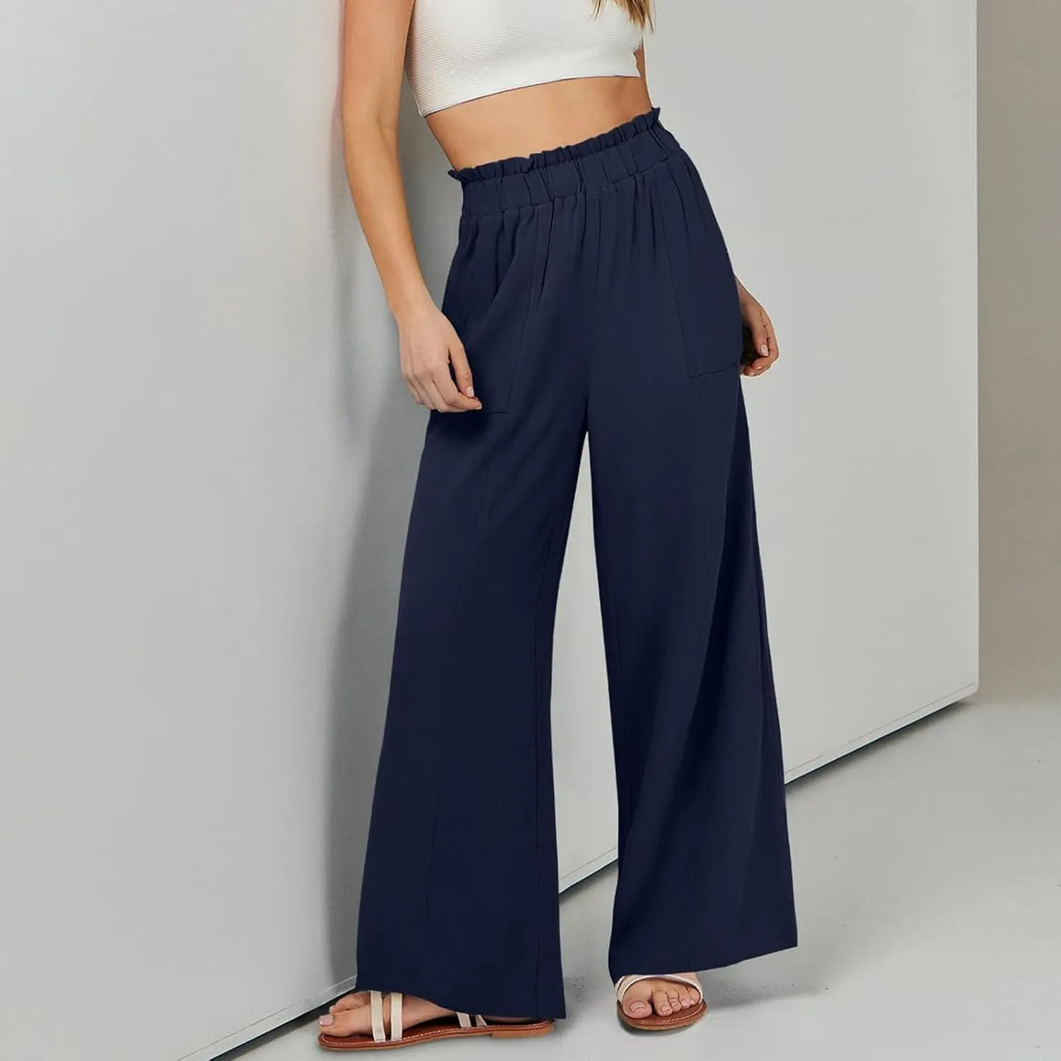 Linen Pants for Women Summer High Waisted Wide Leg Pants Baggy Casual Beach Pants Flowy Palazzo Pants with Pockets
