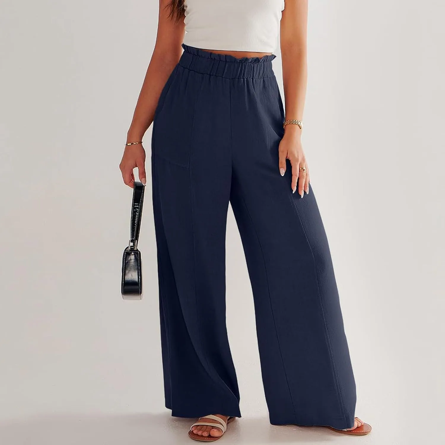 Linen Pants for Women Summer High Waisted Wide Leg Pants Baggy Casual Beach Pants Flowy Palazzo Pants with Pockets