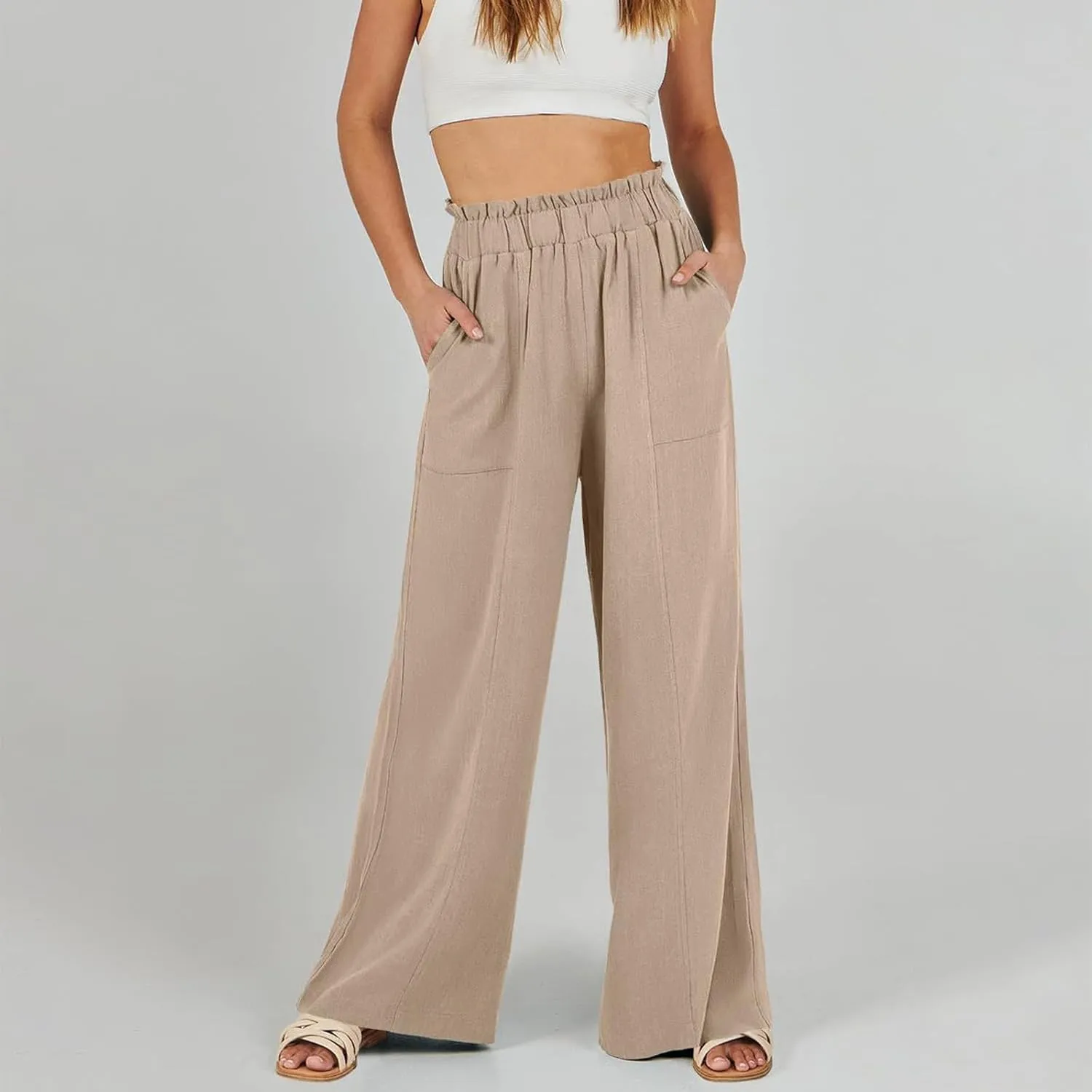 Linen Pants for Women Summer High Waisted Wide Leg Pants Baggy Casual Beach Pants Flowy Palazzo Pants with Pockets