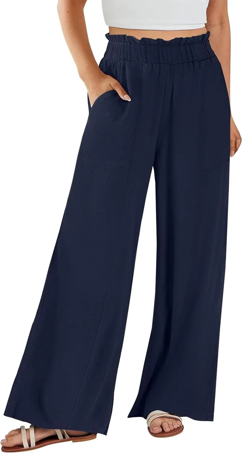 Linen Pants for Women Summer High Waisted Wide Leg Pants Baggy Casual Beach Pants Flowy Palazzo Pants with Pockets