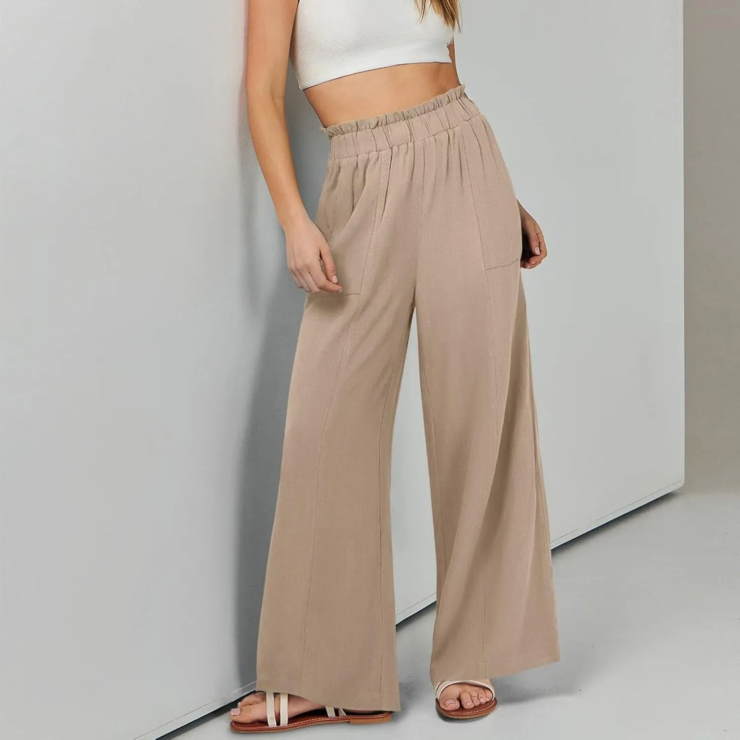 Linen Pants for Women Summer High Waisted Wide Leg Pants Baggy Casual Beach Pants Flowy Palazzo Pants with Pockets