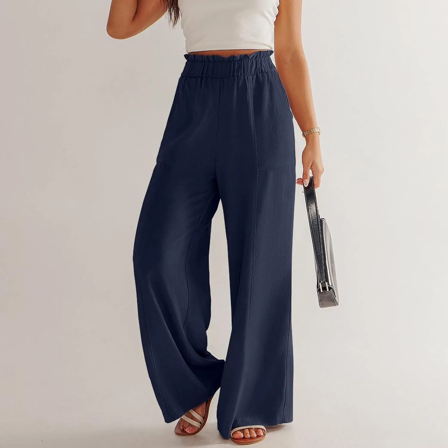 Linen Pants for Women Summer High Waisted Wide Leg Pants Baggy Casual Beach Pants Flowy Palazzo Pants with Pockets
