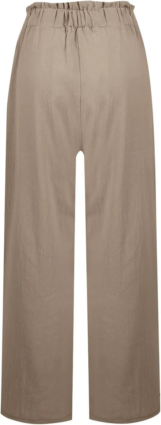 Linen Pants for Women Summer High Waisted Wide Leg Pants Baggy Casual Beach Pants Flowy Palazzo Pants with Pockets
