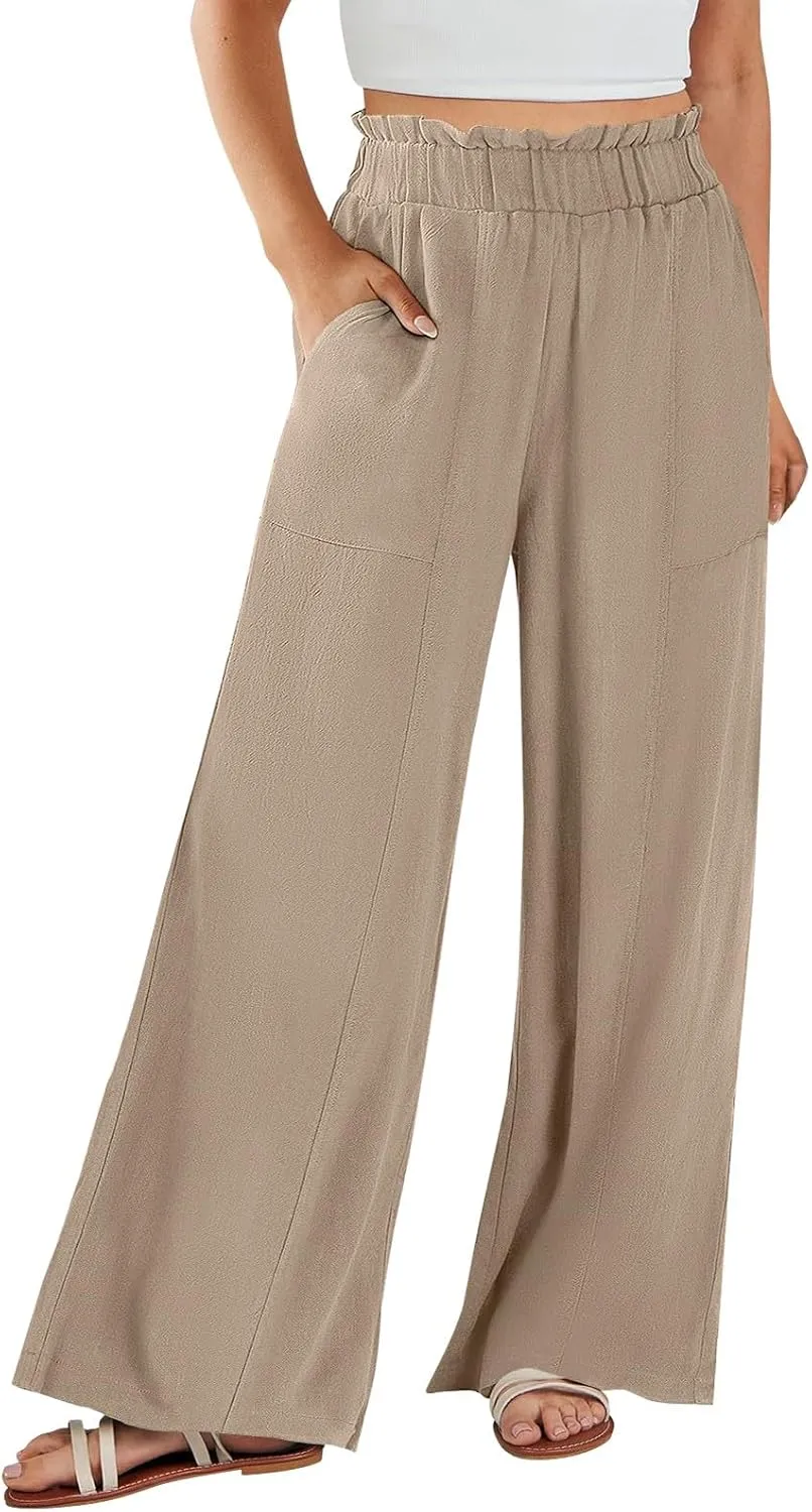 Linen Pants for Women Summer High Waisted Wide Leg Pants Baggy Casual Beach Pants Flowy Palazzo Pants with Pockets