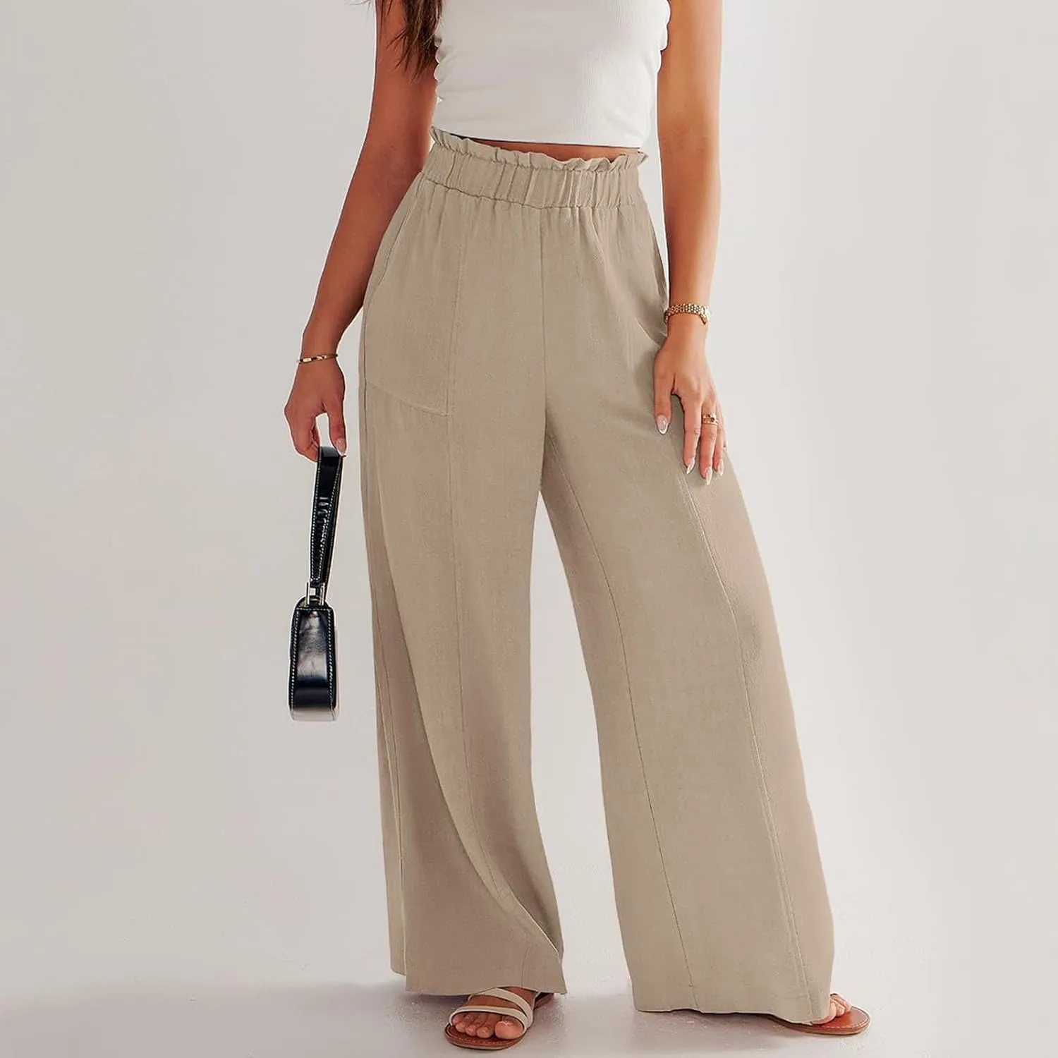 Linen Pants for Women Summer High Waisted Wide Leg Pants Baggy Casual Beach Pants Flowy Palazzo Pants with Pockets