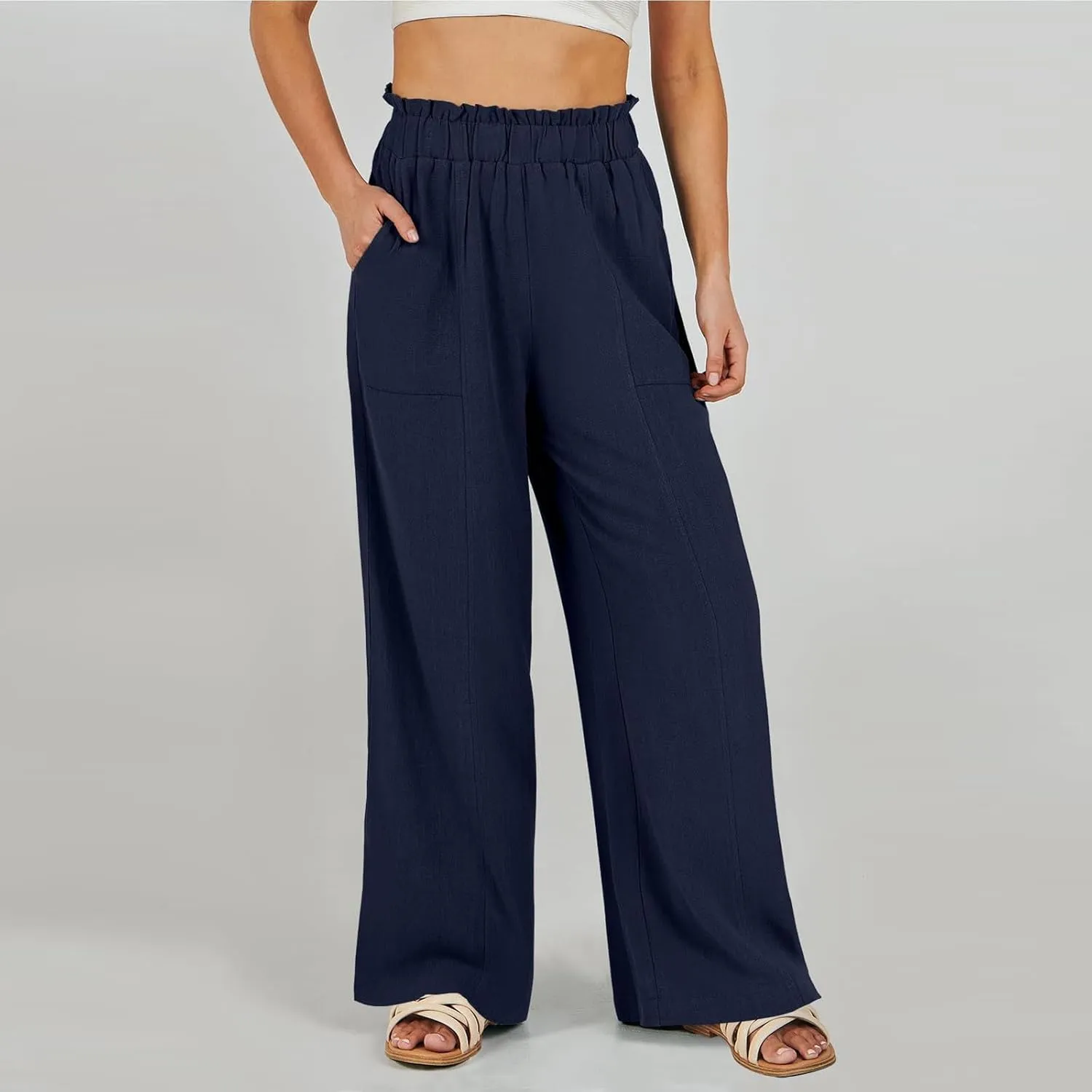 Linen Pants for Women Summer High Waisted Wide Leg Pants Baggy Casual Beach Pants Flowy Palazzo Pants with Pockets
