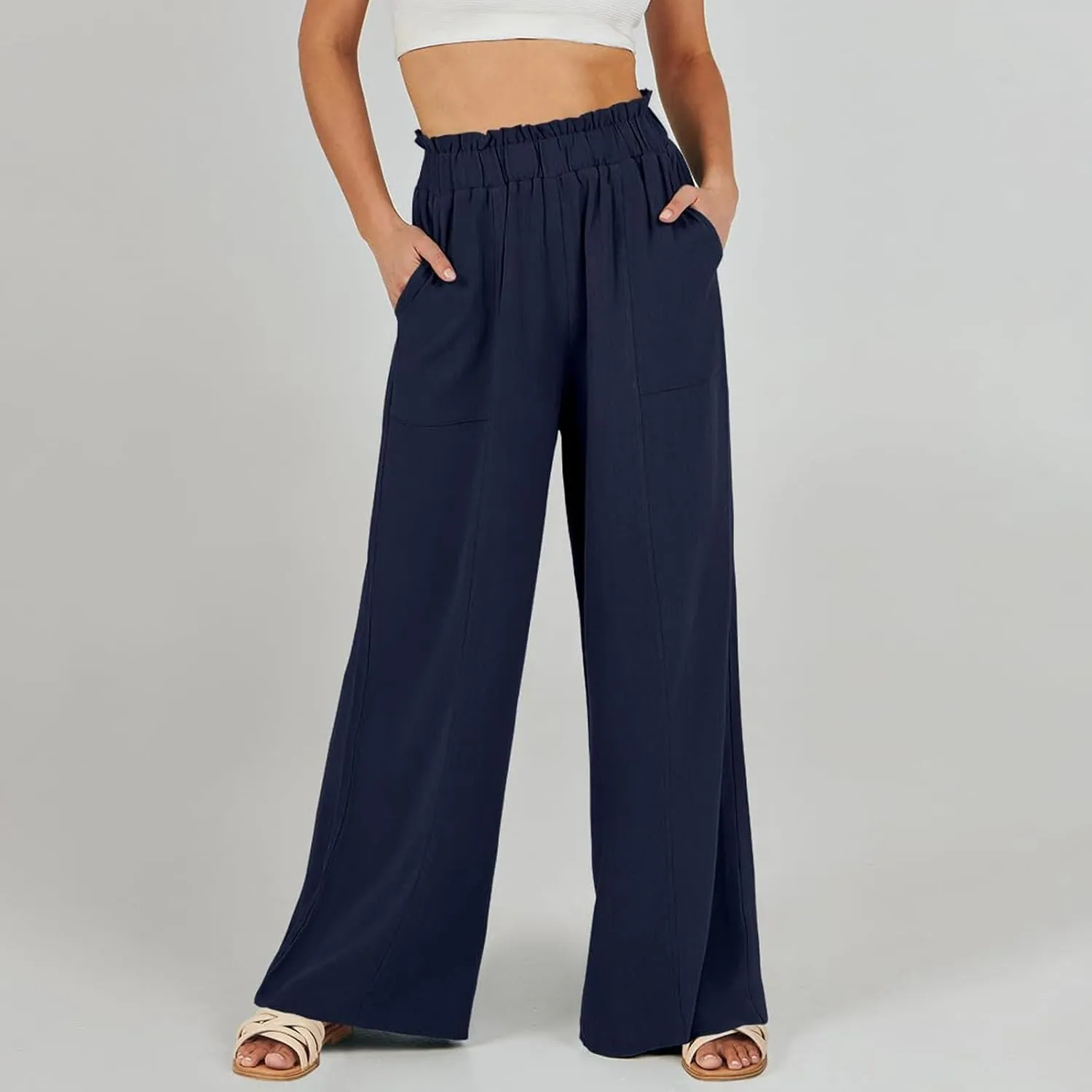 Linen Pants for Women Summer High Waisted Wide Leg Pants Baggy Casual Beach Pants Flowy Palazzo Pants with Pockets