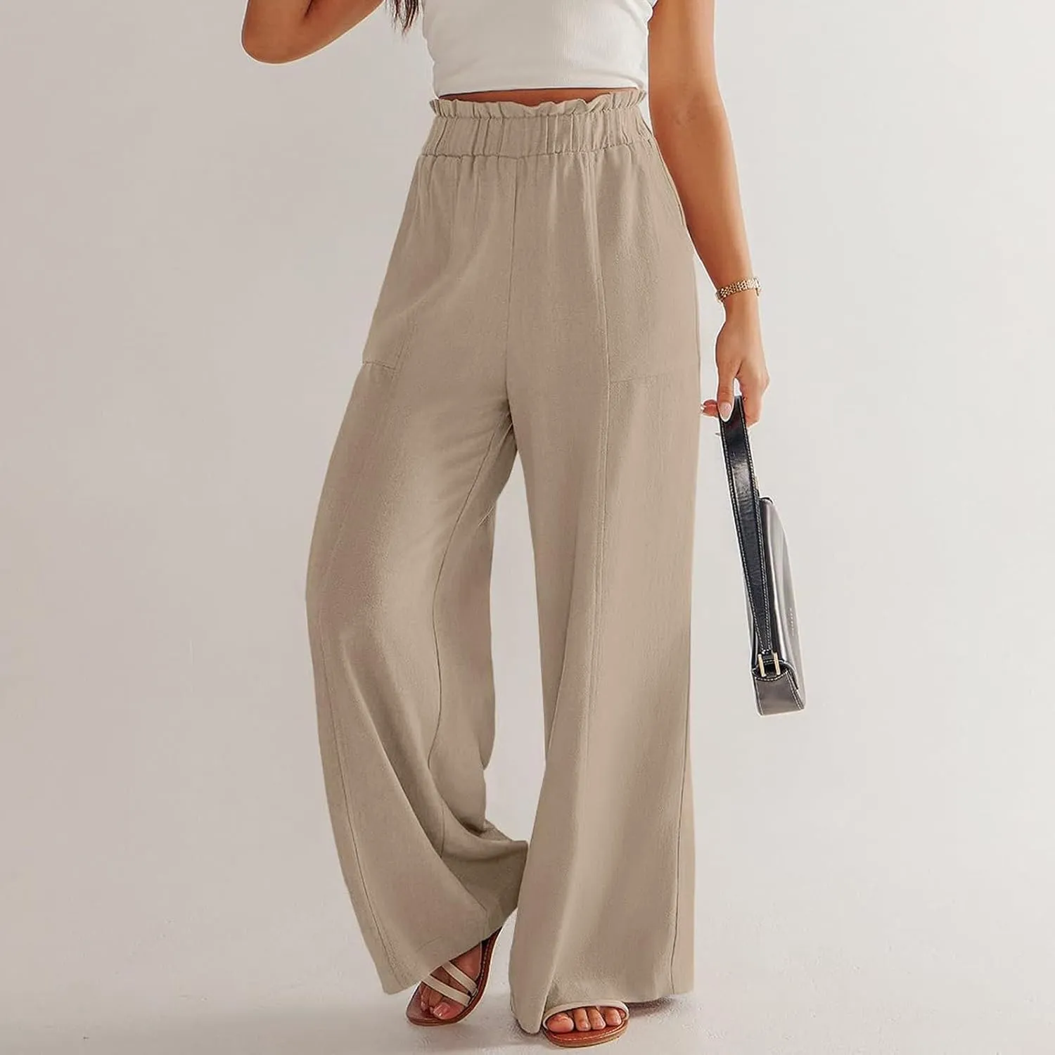 Linen Pants for Women Summer High Waisted Wide Leg Pants Baggy Casual Beach Pants Flowy Palazzo Pants with Pockets