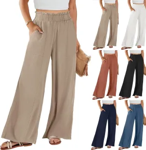 Linen Pants for Women Summer High Waisted Wide Leg Pants Baggy Casual Beach Pants Flowy Palazzo Pants with Pockets