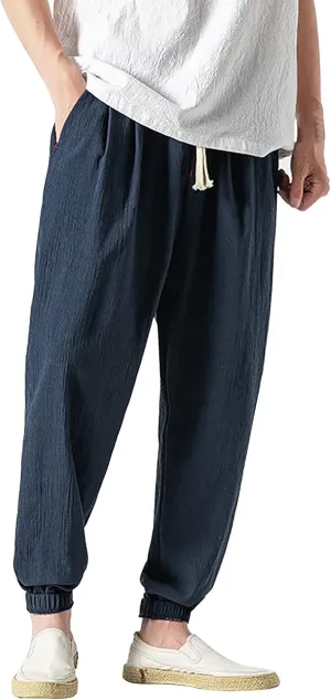 Linen Pants Men Beach Casual Drawstring Elastic Waist Beach Yoga Pants Summer Lightweight Trousers with Pockets