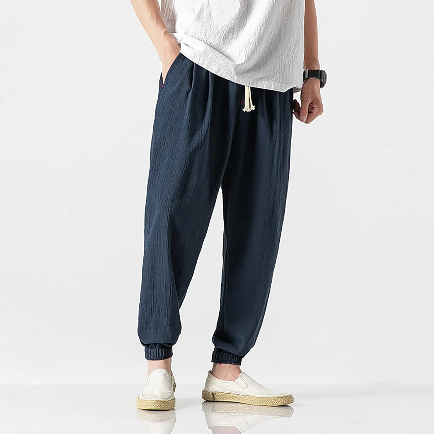 Linen Pants Men Beach Casual Drawstring Elastic Waist Beach Yoga Pants Summer Lightweight Trousers with Pockets
