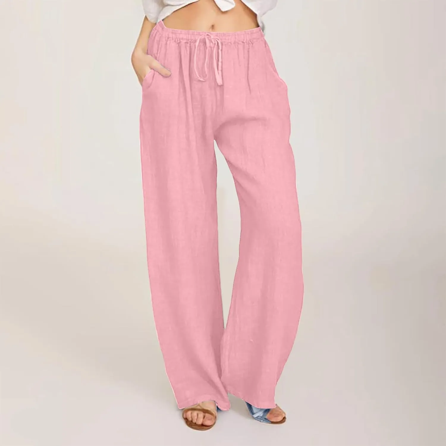 Linen Pants Women 2024 Summer Wide Leg Casual Palazzo Trousers Drawstring Elastic Waist Beach Vacation Outfits