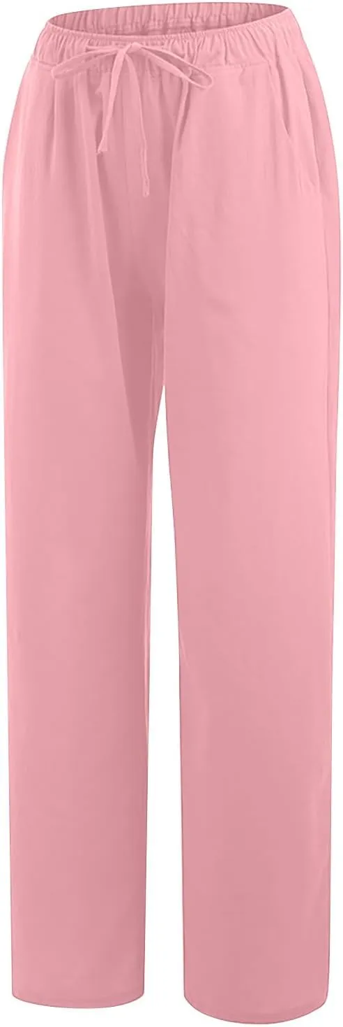 Linen Pants Women 2024 Summer Wide Leg Casual Palazzo Trousers Drawstring Elastic Waist Beach Vacation Outfits
