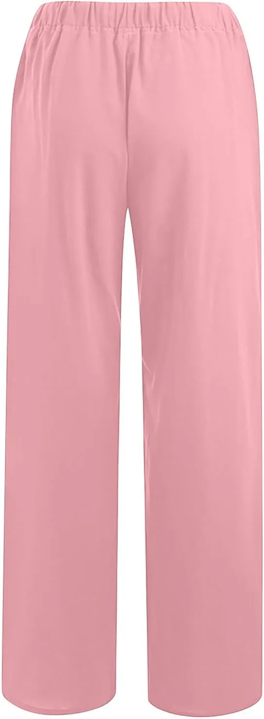 Linen Pants Women 2024 Summer Wide Leg Casual Palazzo Trousers Drawstring Elastic Waist Beach Vacation Outfits