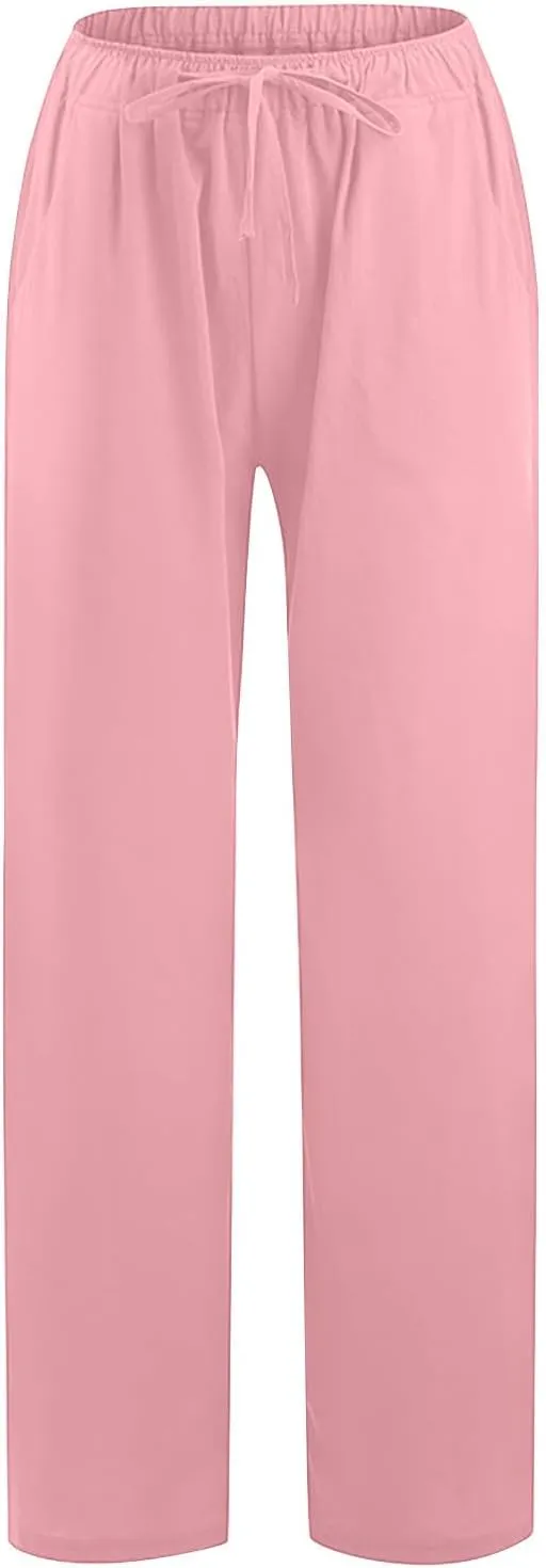 Linen Pants Women 2024 Summer Wide Leg Casual Palazzo Trousers Drawstring Elastic Waist Beach Vacation Outfits