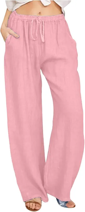 Linen Pants Women 2024 Summer Wide Leg Casual Palazzo Trousers Drawstring Elastic Waist Beach Vacation Outfits