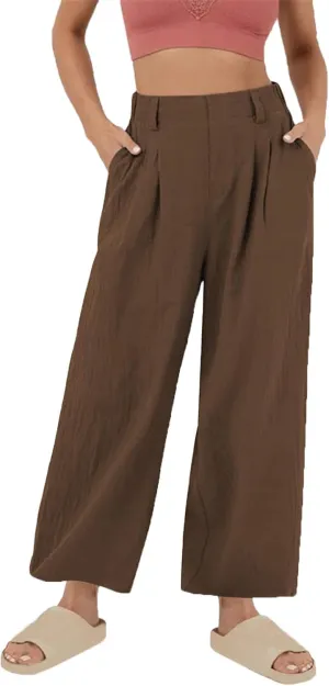 Linen Pants Women Casual Wide Leg Pleated Cropped Trouser Summer High Waist Lounge Palazzo Lightweight Beach Pants