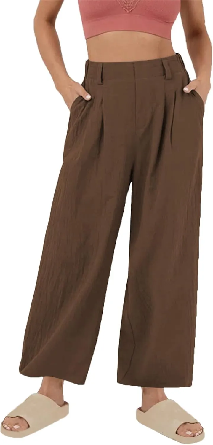Linen Pants Women Casual Wide Leg Pleated Cropped Trouser Summer High Waist Lounge Palazzo Lightweight Beach Pants