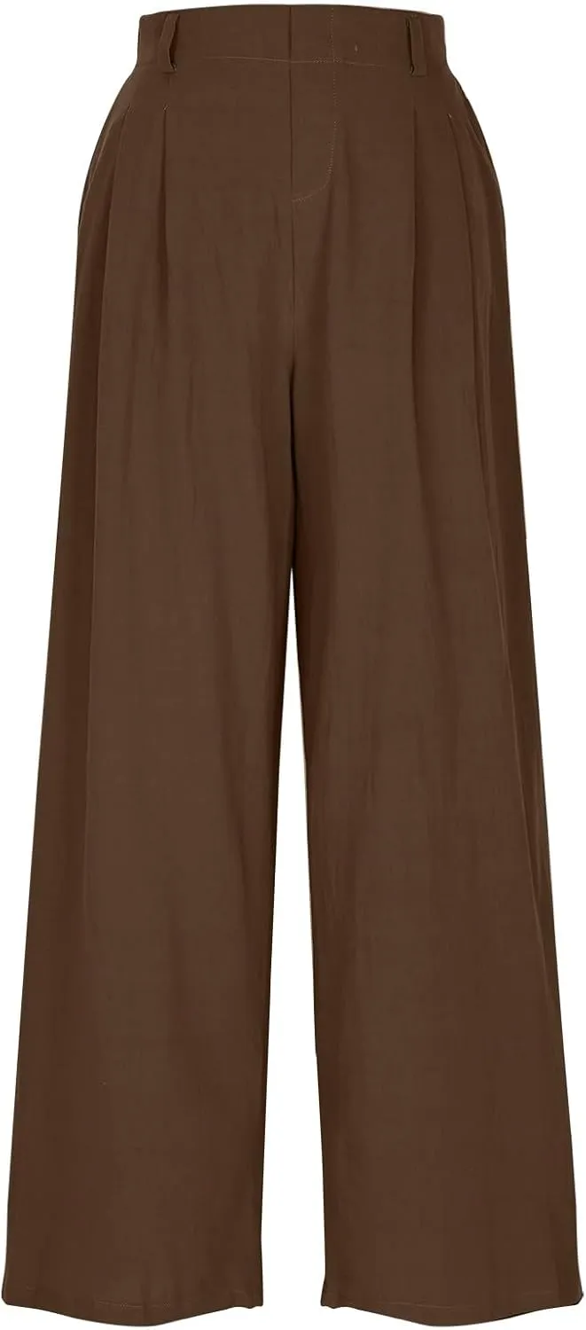 Linen Pants Women Casual Wide Leg Pleated Cropped Trouser Summer High Waist Lounge Palazzo Lightweight Beach Pants