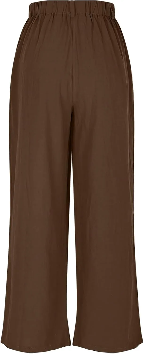 Linen Pants Women Casual Wide Leg Pleated Cropped Trouser Summer High Waist Lounge Palazzo Lightweight Beach Pants