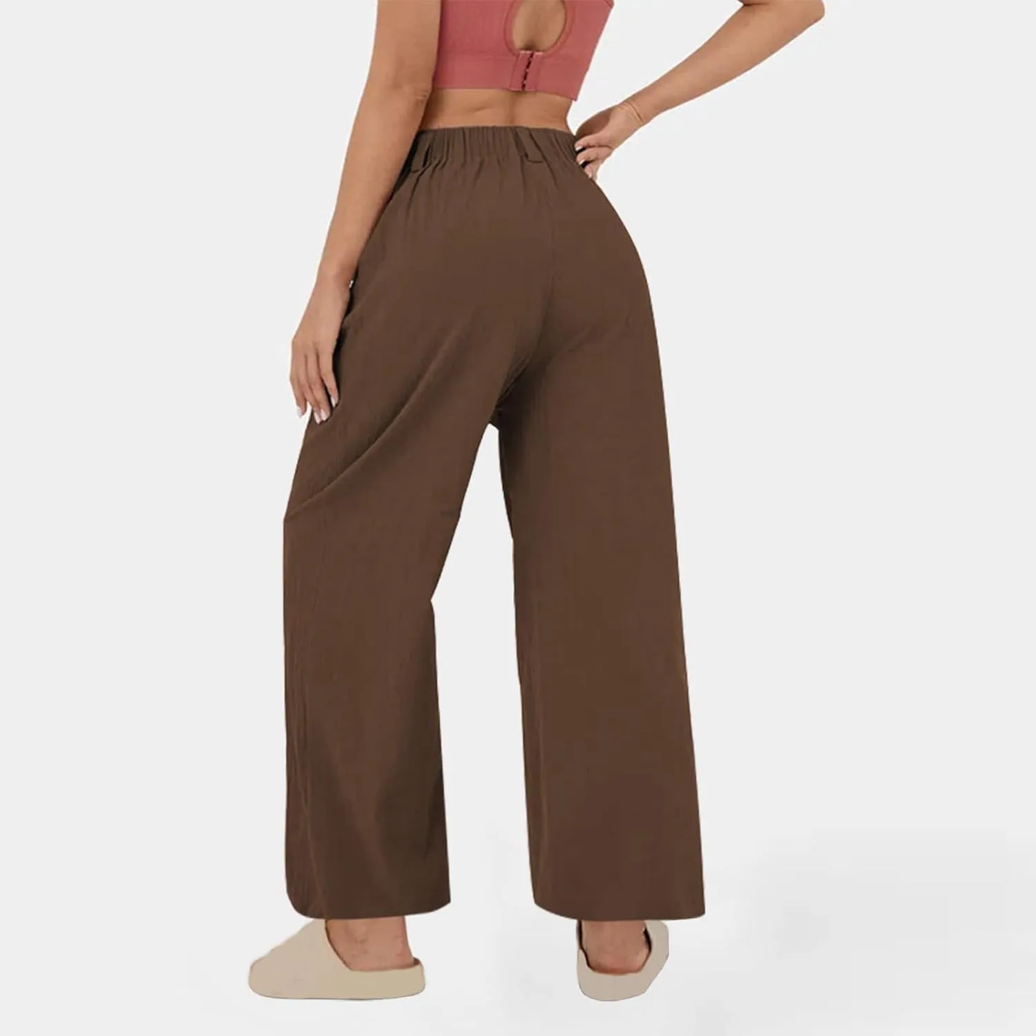 Linen Pants Women Casual Wide Leg Pleated Cropped Trouser Summer High Waist Lounge Palazzo Lightweight Beach Pants