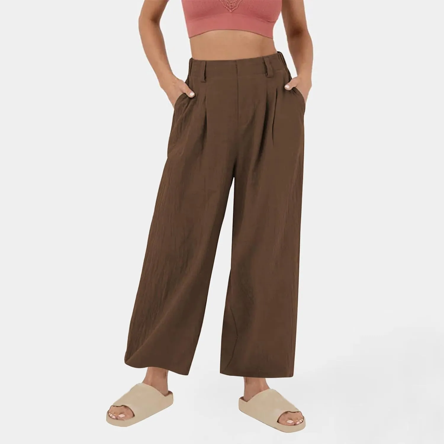 Linen Pants Women Casual Wide Leg Pleated Cropped Trouser Summer High Waist Lounge Palazzo Lightweight Beach Pants