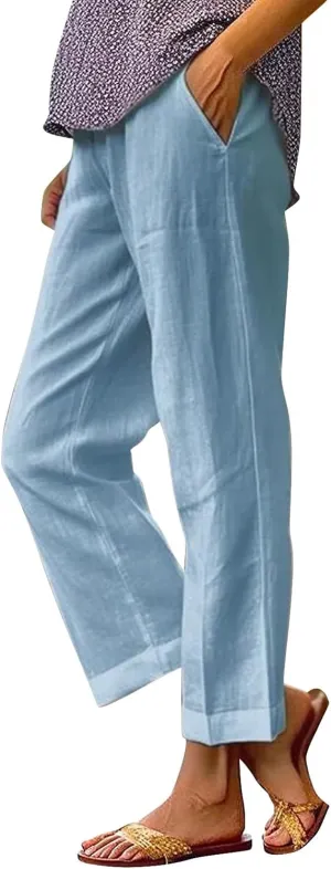 Linen Pants Women Solid Elastic Pants Long Drawstring Linen Women Waist Cotton Casual Pants Beach Trousers with Boho
