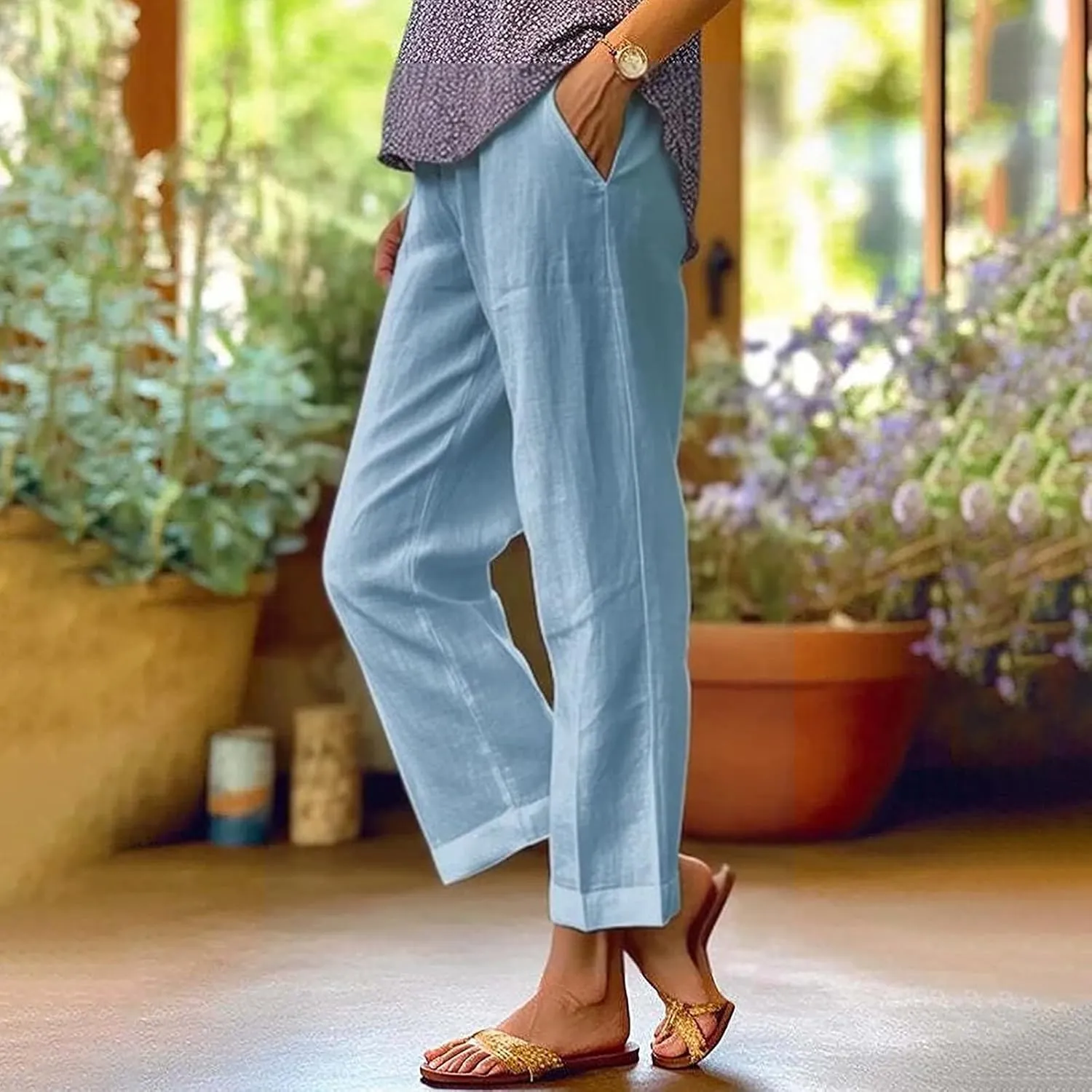 Linen Pants Women Solid Elastic Pants Long Drawstring Linen Women Waist Cotton Casual Pants Beach Trousers with Boho
