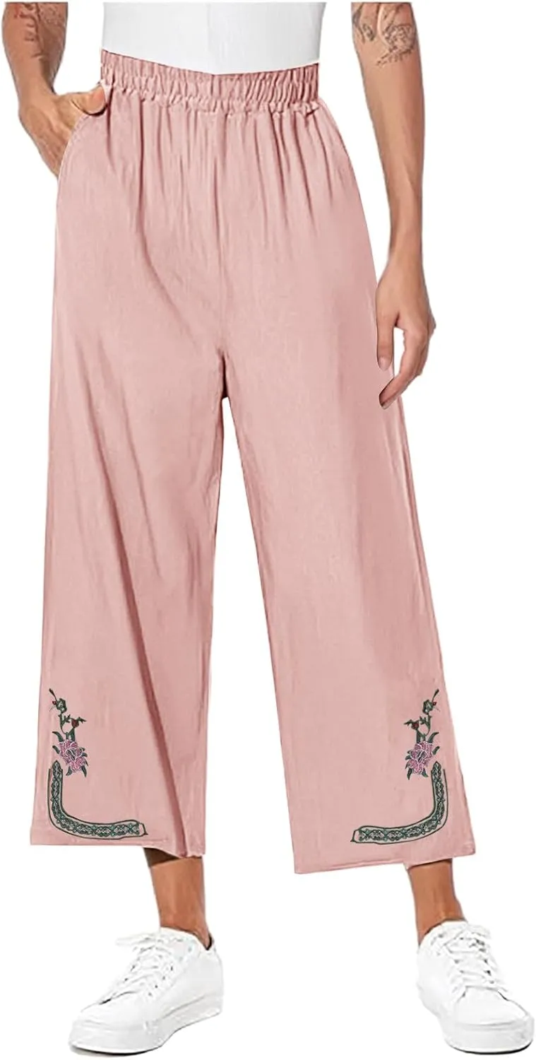 Linen Pants Women Summer Boho Floral Embroidered Pants Wide Leg Palazzo Crop Ankle Pants Comfy Lounge Trousers