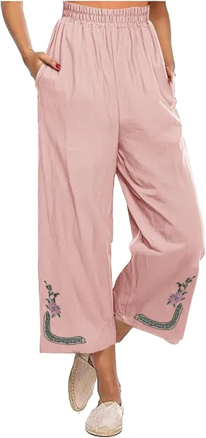 Linen Pants Women Summer Boho Floral Embroidered Pants Wide Leg Palazzo Crop Ankle Pants Comfy Lounge Trousers