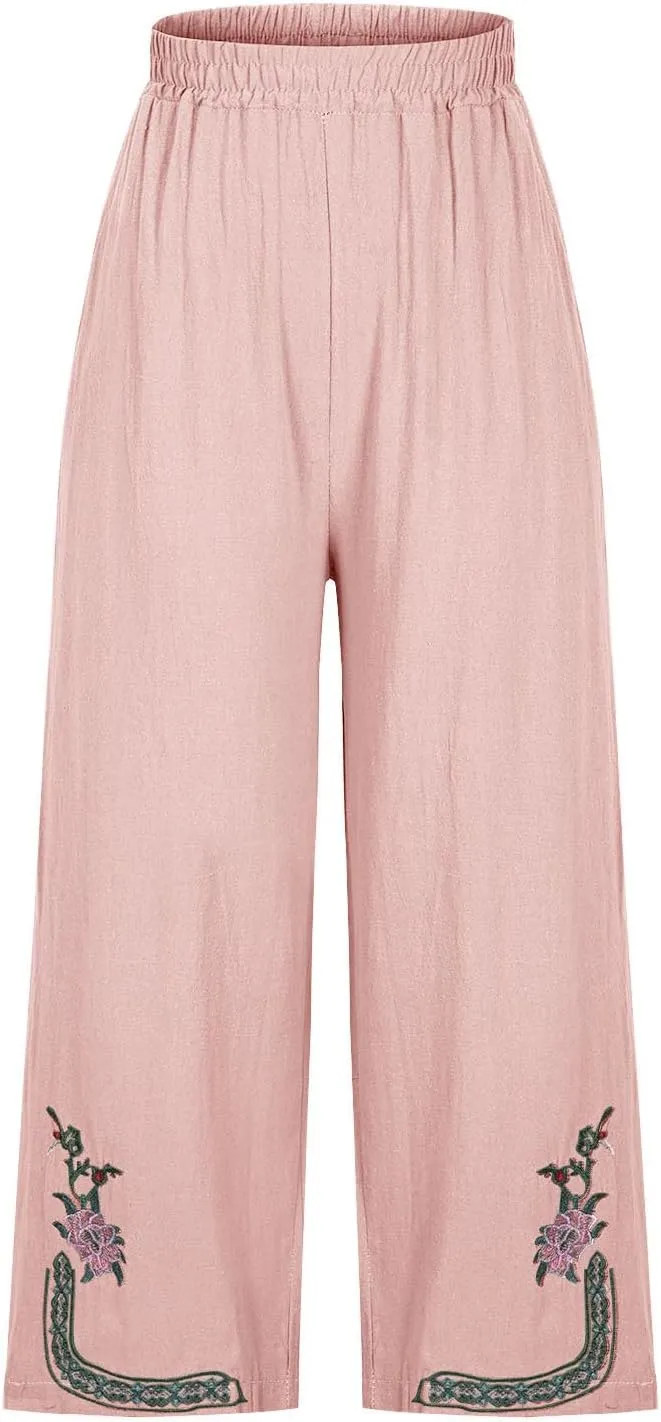 Linen Pants Women Summer Boho Floral Embroidered Pants Wide Leg Palazzo Crop Ankle Pants Comfy Lounge Trousers