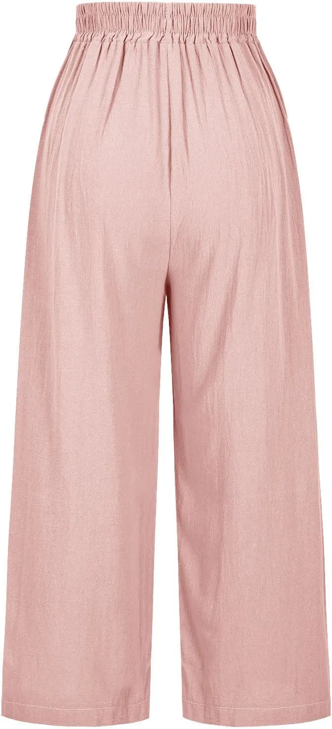 Linen Pants Women Summer Boho Floral Embroidered Pants Wide Leg Palazzo Crop Ankle Pants Comfy Lounge Trousers