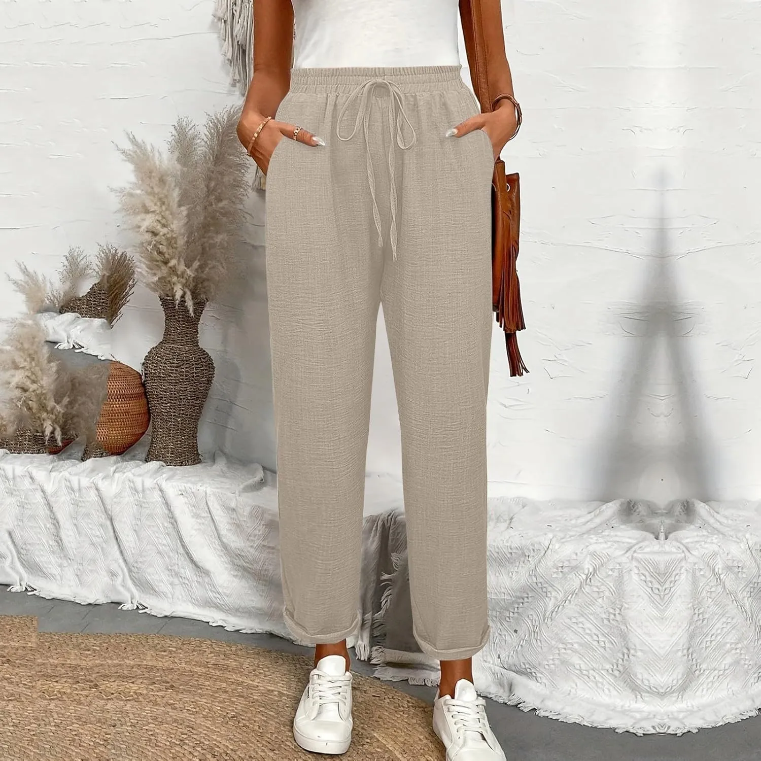 Linen Pants Women Summer Drawstring Elastic High Waisted Pants Tapered Wide Leg Pant Cropped Lounge Pant