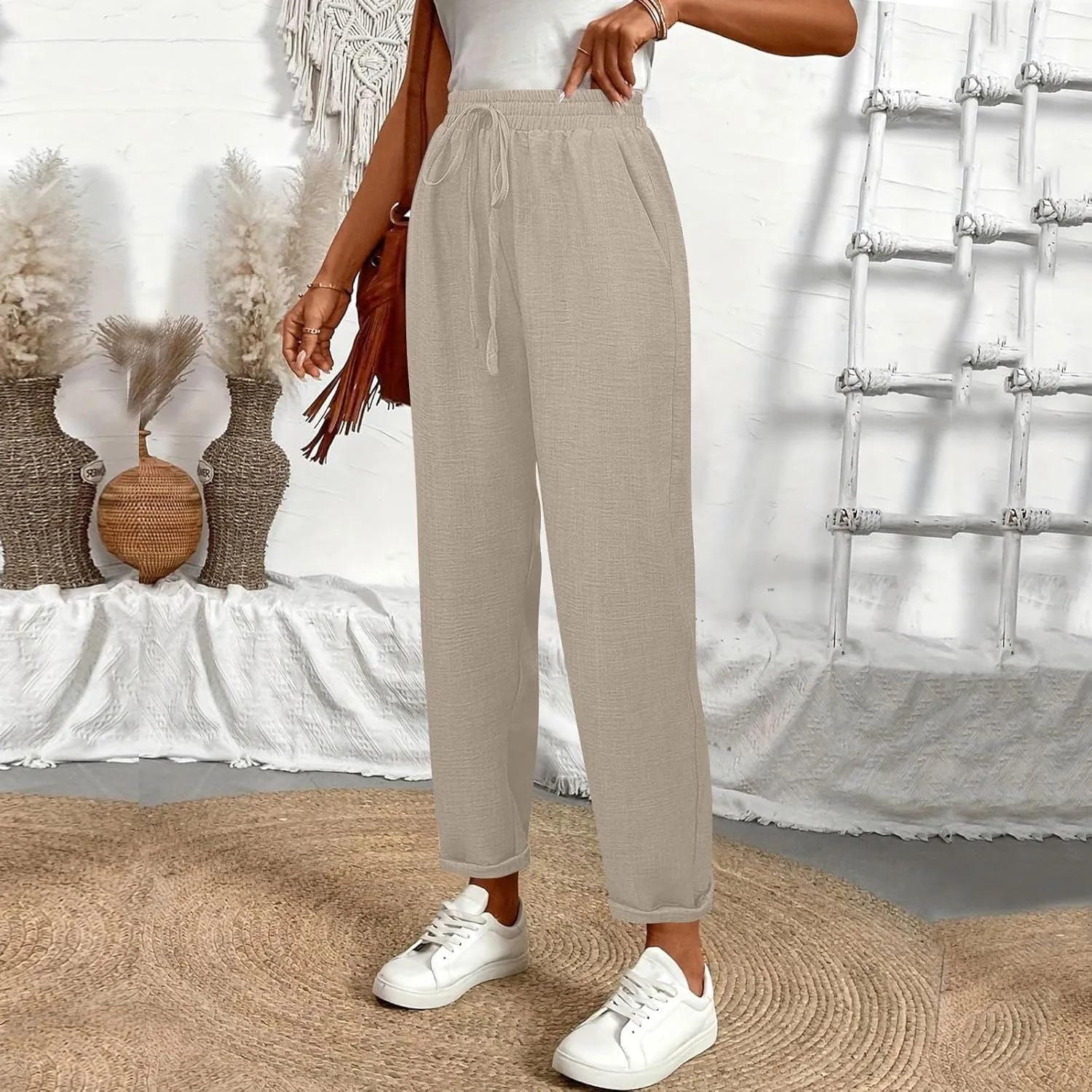 Linen Pants Women Summer Drawstring Elastic High Waisted Pants Tapered Wide Leg Pant Cropped Lounge Pant