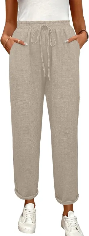 Linen Pants Women Summer Drawstring Elastic High Waisted Pants Tapered Wide Leg Pant Cropped Lounge Pant