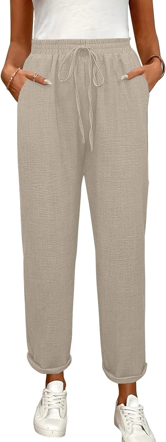 Linen Pants Women Summer Drawstring Elastic High Waisted Pants Tapered Wide Leg Pant Cropped Lounge Pant