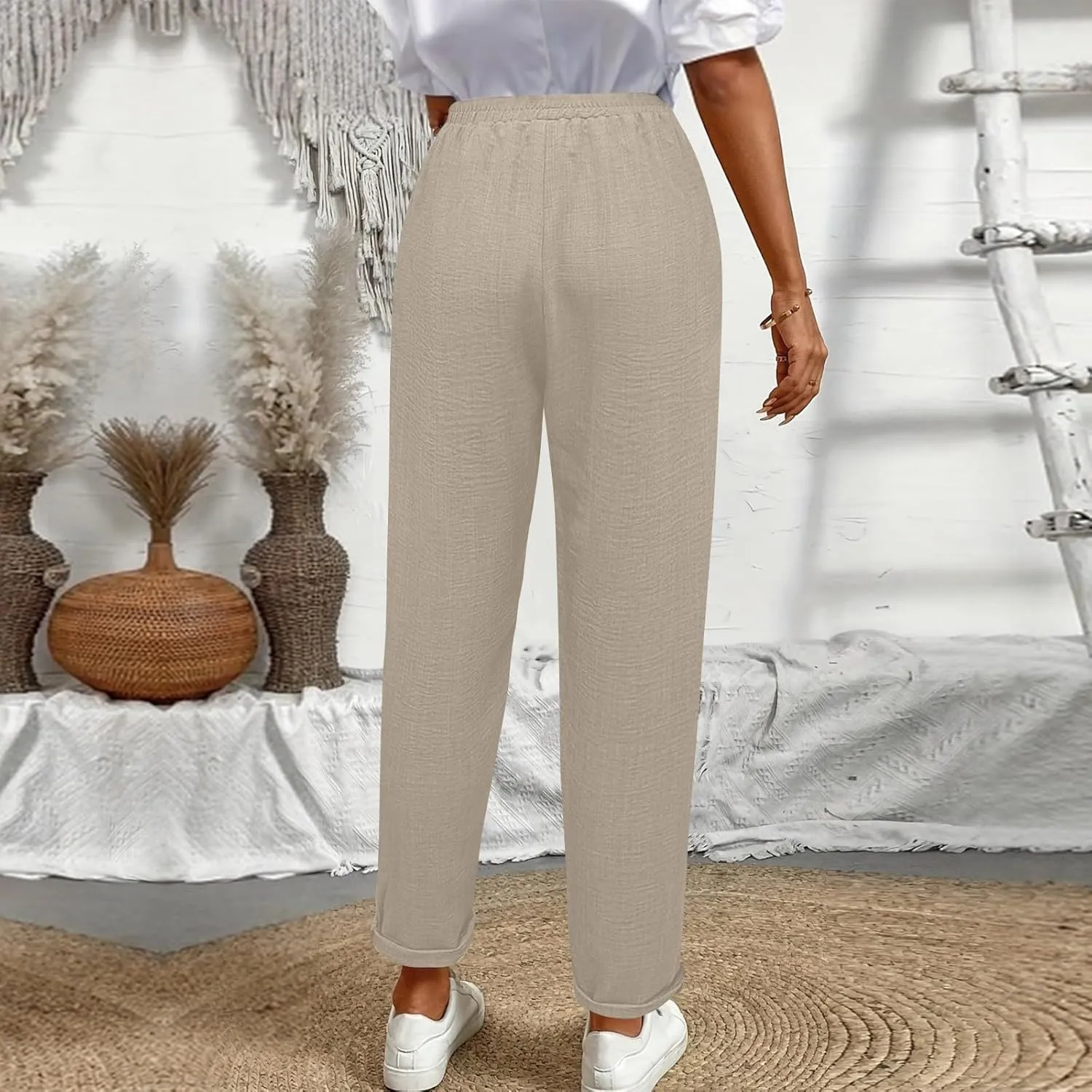 Linen Pants Women Summer Drawstring Elastic High Waisted Pants Tapered Wide Leg Pant Cropped Lounge Pant