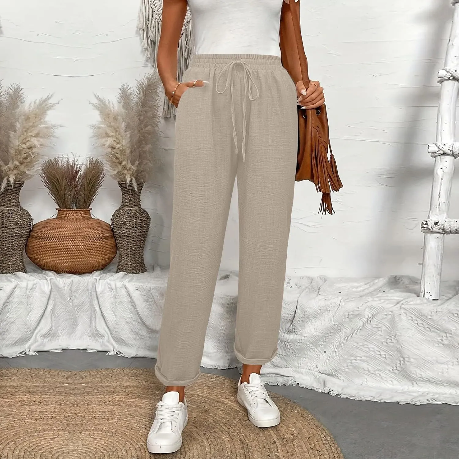 Linen Pants Women Summer Drawstring Elastic High Waisted Pants Tapered Wide Leg Pant Cropped Lounge Pant