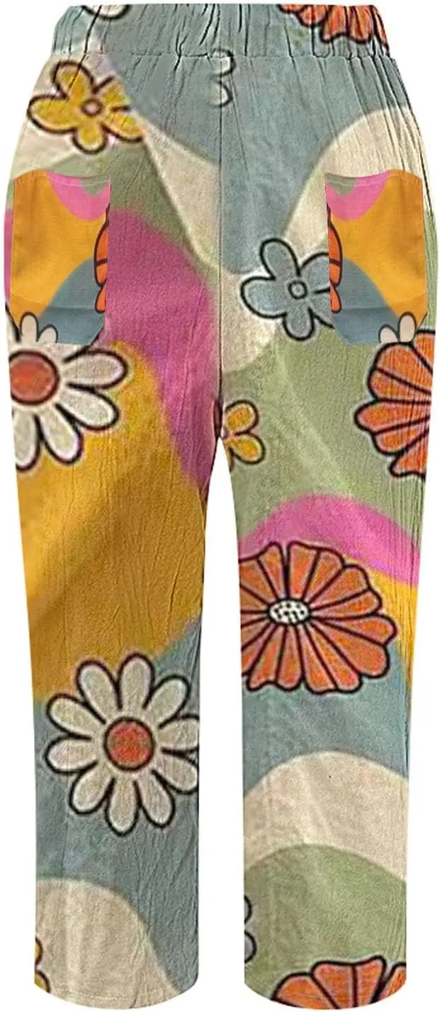 Linen Pants Women Summer Floral Solid Long Palazzo Pants High Waist Wide Leg Pant Trendy Lounge Beach Trousers with Pockets