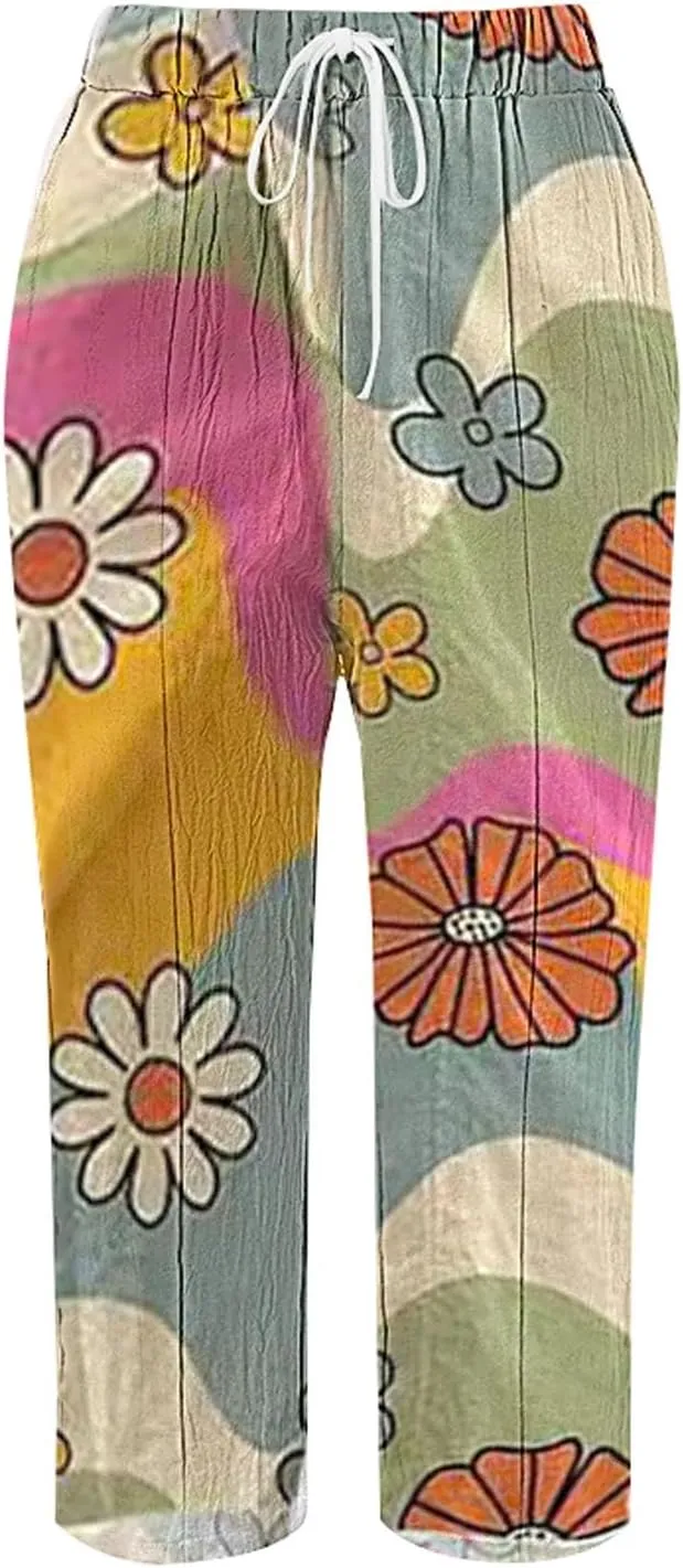 Linen Pants Women Summer Floral Solid Long Palazzo Pants High Waist Wide Leg Pant Trendy Lounge Beach Trousers with Pockets