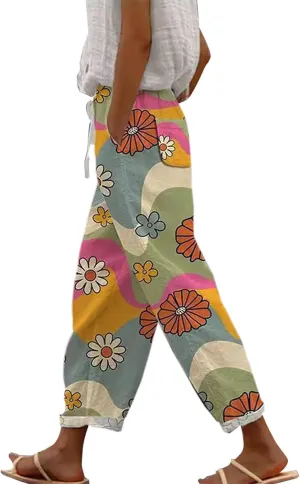 Linen Pants Women Summer Floral Solid Long Palazzo Pants High Waist Wide Leg Pant Trendy Lounge Beach Trousers with Pockets