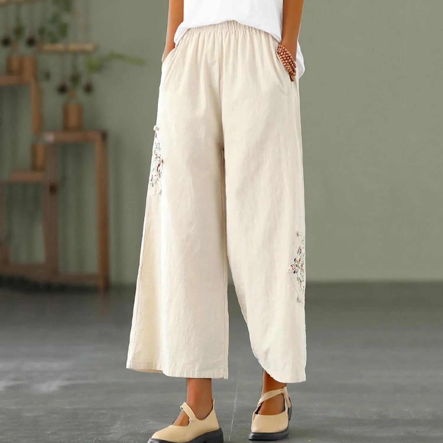 Linen Pants Women Trendy Ethnic Embroidered Cropped Trousers Summer Casual Wide Leg Lounge Palazzo with Pockets