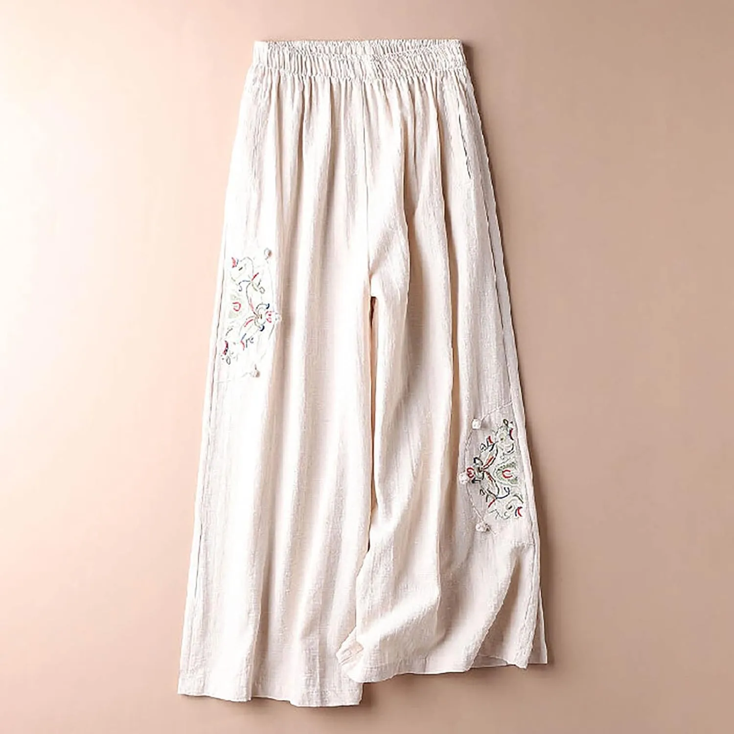 Linen Pants Women Trendy Ethnic Embroidered Cropped Trousers Summer Casual Wide Leg Lounge Palazzo with Pockets