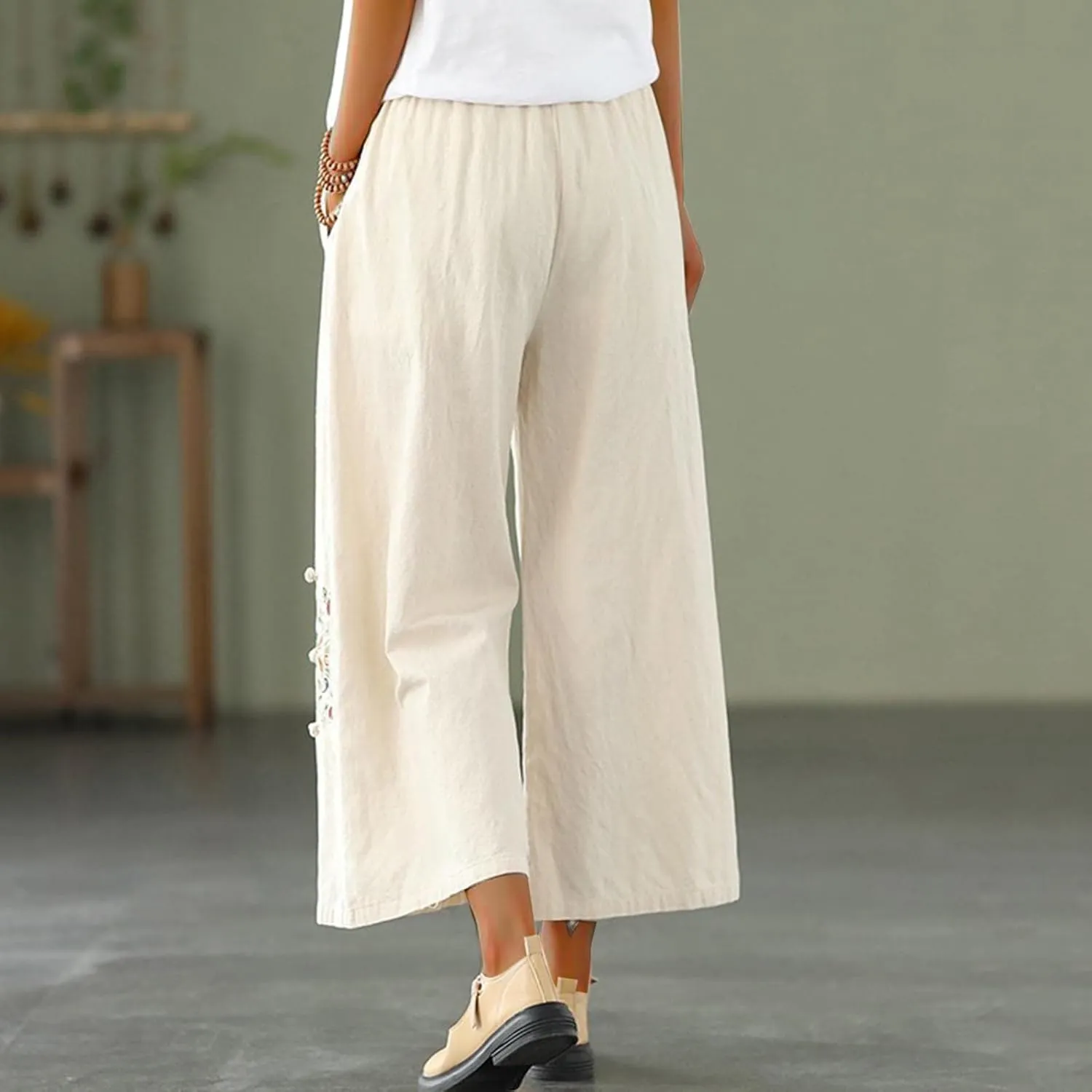 Linen Pants Women Trendy Ethnic Embroidered Cropped Trousers Summer Casual Wide Leg Lounge Palazzo with Pockets