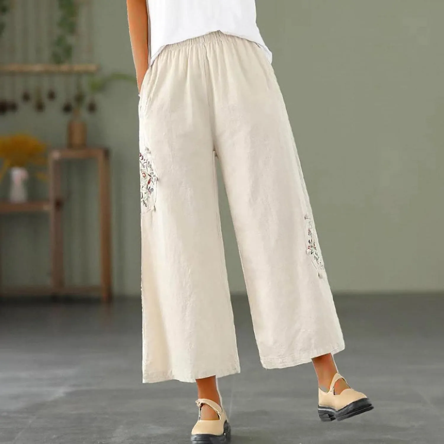 Linen Pants Women Trendy Ethnic Embroidered Cropped Trousers Summer Casual Wide Leg Lounge Palazzo with Pockets