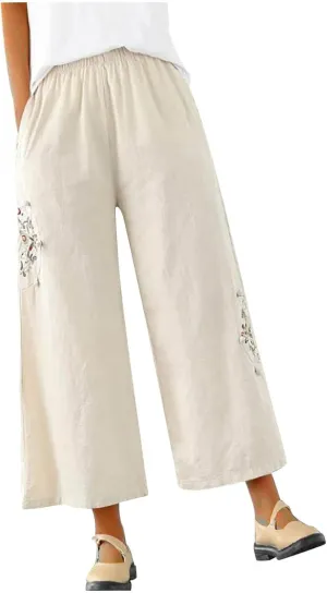 Linen Pants Women Trendy Ethnic Embroidered Cropped Trousers Summer Casual Wide Leg Lounge Palazzo with Pockets